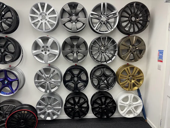 A wall of real alloy wheel colour and finish options at Steel City Wheels